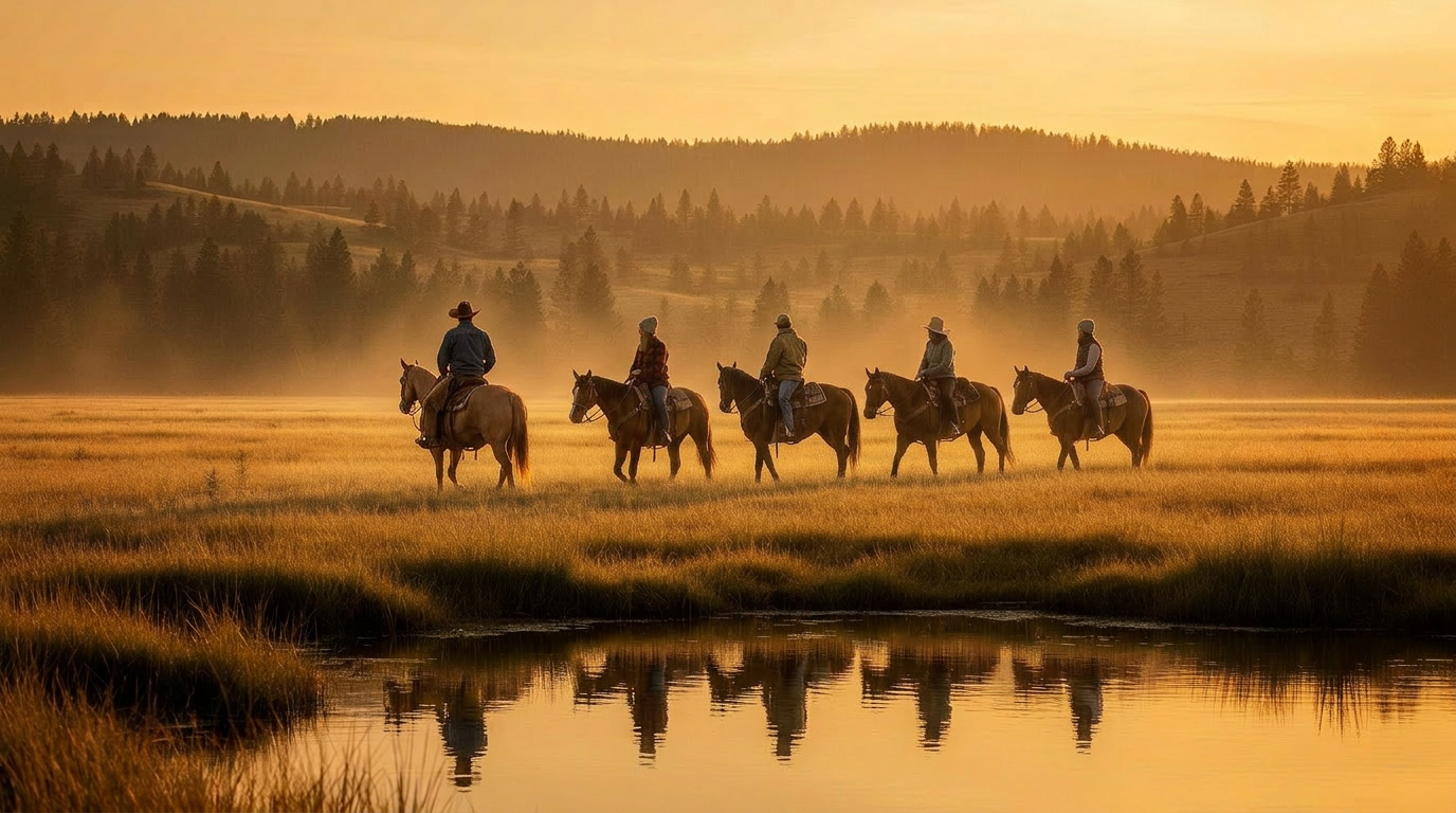 Cowboys riding through golden grasslands at sunset in British Columbia